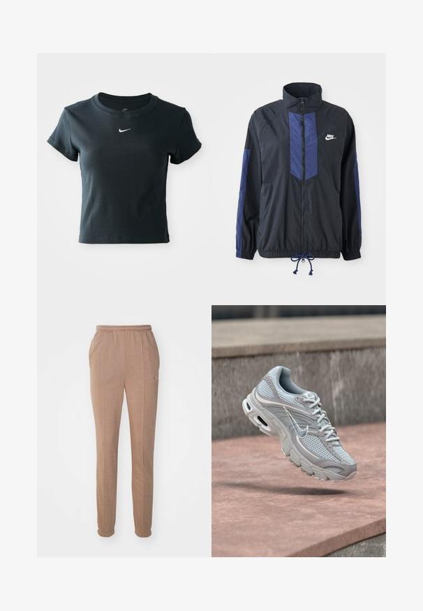 Zwarte jas met marineblauwe accenten, hoge kraag, volledige rits aan de voorkant, elastische manchetten en verstelbare zoom. Nike-logo op de linkerborst. Lichtgewicht stof.; Korte mouw, cropped zwart geribbeld t-shirt gemaakt van zachte stof, met een klein wit Nike-logo op de borst.; Bruine sportbroek met een elastische tailleband, zijzakken, taps toelopende benen en een subtiele Nike-logo. Gemaakt van zacht, gestructureerd materiaal.; Lichtgrijze en witte Nike hardloopschoen met mesh en gewatteerde zool, zwevend in de lucht tegen een achtergrond van betonnen trappen.