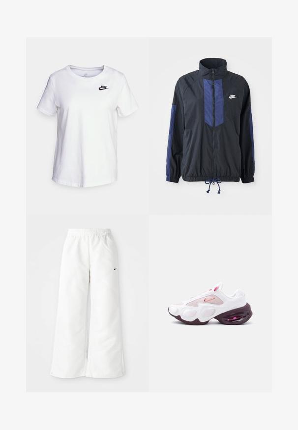 Schwarze Jacke mit marineblauen Akzenten, hohem Kragen, durchgehendem Reißverschluss, elastischen Bündchen und Kordelzugsaum. Nike-Logo auf der linken Brust. Leichtes Material.; Weißes Baumwoll-T-Shirt mit Rundhalsausschnitt und kurzen Ärmeln. Mit einem schwarzen Nike-Logo auf der oberen linken Brustseite.; Weiße Sporthose mit weitem Bein, elastischem Bund und kleinem schwarzen Nike-Logo auf der linken Seite. Glattes, leichtes Material.; Weißer und rosa Sportschuh mit Netzpaneelen, einem pinken Nike-Swoosh und einer dicken, dunkelvioletten Sohle mit sichtbarer Luftdämpfung.