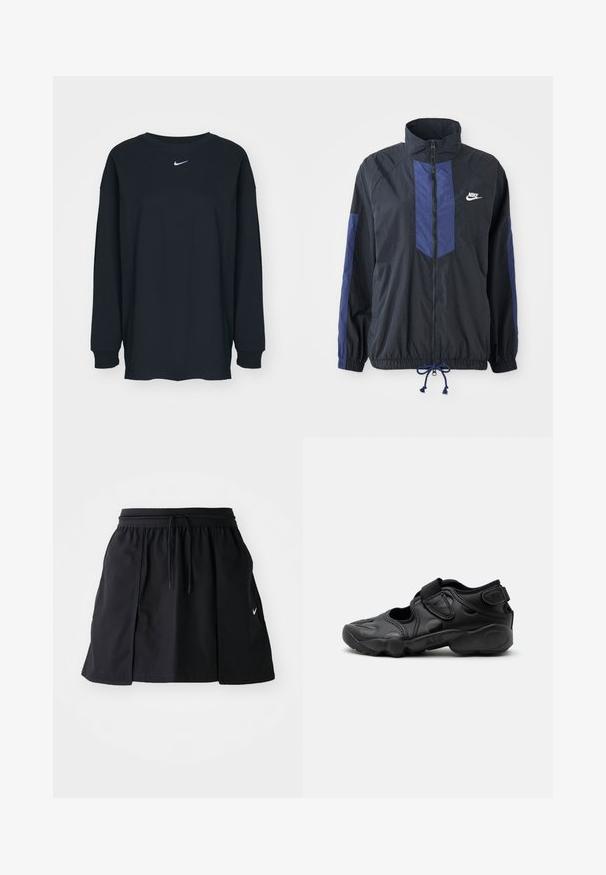 Sort jakke med marineblå detaljer, høj krave, fuld lynlås foran, elastiske manchetter og snoretræk i kanten. Nike-logo på venstre bryst. Letvægtsstof.; Sort langærmet T-shirt lavet af bomuld med rund hals. Har et hvidt Nike-logo på brystet. Blød tekstur, enkelt design.; Sort sportskørt med elastisk talje og justerbar snor. Har sideslids, letvægtsstof og et lille logo på kanten.; Sort atletisk sandal med lukket tå, velcro stropper ved mellemfoden og hælen samt tyk polstret sål markeret med "AIR" på siden.