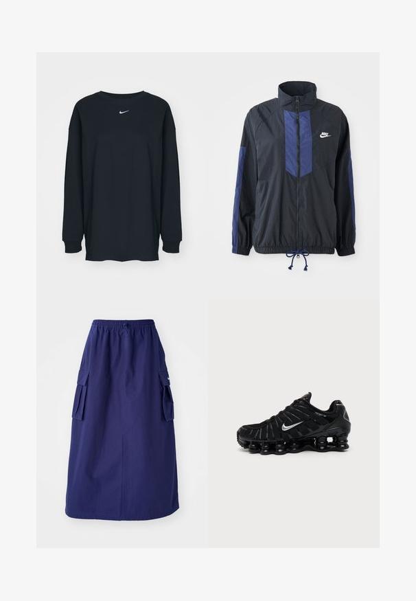 Sort jakke med marineblå detaljer, høj krave, fuld lynlås foran, elastiske manchetter og snoretræk i kanten. Nike-logo på venstre bryst. Letvægtsstof.; Sort langærmet T-shirt lavet af bomuld med rund hals. Har et hvidt Nike-logo på brystet. Blød tekstur, enkelt design.; Marineblå, mellemlang nederdel med elastisk talje, der har to sidelommer og et minimalistisk logodesign. Glat stofstruktur.; Sort Nike sportssko med sølv Swoosh-logo, mesh og syntetisk overdel, og en karakteristisk segmenteret polstret sål.