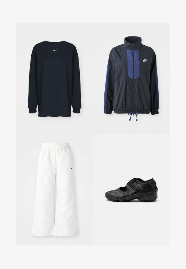 Sort jakke med marineblå detaljer, høj krave, fuld lynlås foran, elastiske manchetter og snoretræk i kanten. Nike-logo på venstre bryst. Letvægtsstof.; Sort langærmet T-shirt lavet af bomuld med rund hals. Har et hvidt Nike-logo på brystet. Blød tekstur, enkelt design.; Hvide atletiske bukser med et bredbenet design, elastisk talje og et lille sort Nike-logo på venstre side. Glat, let materiale.; Sort atletisk sandal med lukket tå, velcro stropper ved mellemfoden og hælen samt tyk polstret sål markeret med "AIR" på siden.