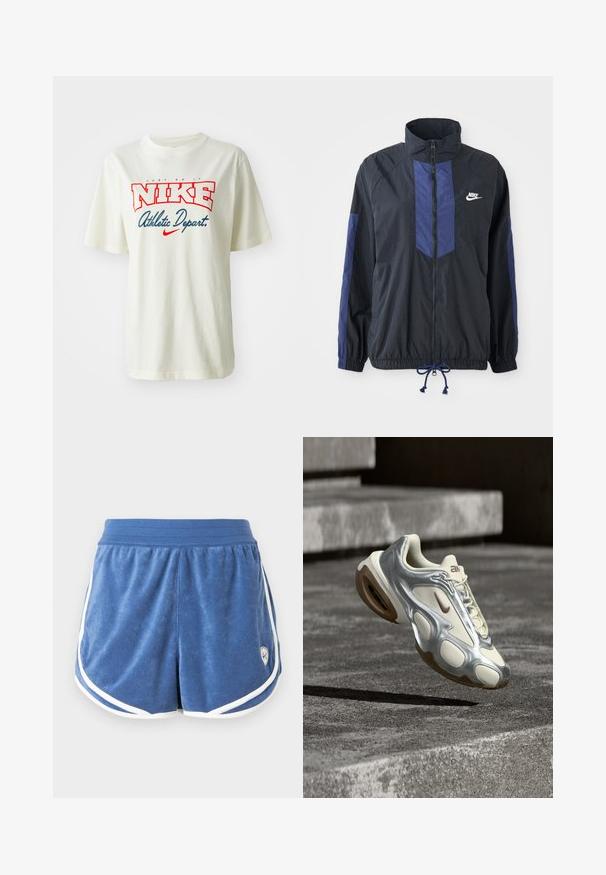 Sort jakke med marineblå detaljer, høj krave, fuld lynlås foran, elastiske manchetter og snoretræk i kanten. Nike-logo på venstre bryst. Letvægtsstof.; Hvid bomulds t-shirt med rød og blå "NIKE" logo med teksten "Just Do It" ovenover og "Athletic Depart." nedenfor, korte ærmer, rund hals.; Blå terry-klud atletikshorts med elastisk taljebånd og hvid kant langs kanter og sider.; Krem- og metallisk sølv atletiksneaker, der svæver over betontrapper med brune gummisåler og Nike-logo.