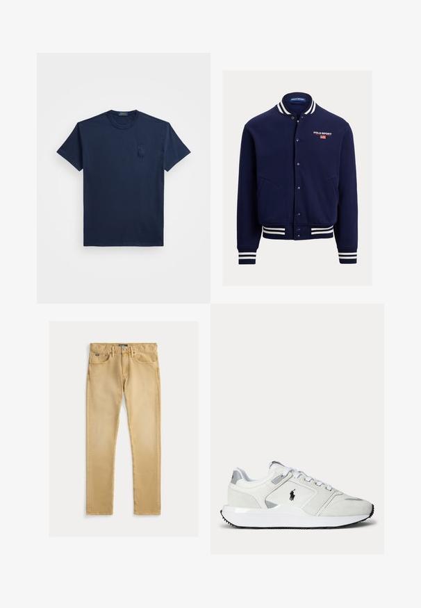 Marineblå varsityjakke med hvide stribede ribkanter ved krave og manchetter, lukkes med trykknapper og broderet "Polo Sport"-logo på brystet.; Mørkeblå bomulds t-shirt med korte ærmer, rund halsudskæring og et diskret broderet logo på venstre bryst. Glat tekstur, enkelt design.; Beige bomuldsjeans med slim fit, fem-lommes design og synlig syning. Har en metal knap og label på taljen.; Hvid lavtopet sneaker med snørelukning, sort logo på siden, grå accenter og tyk hvid sål med sort slidbane.
