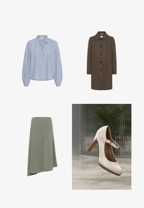 Bruine wollen jas met vijf donkere knopen, een puntige kraag en twee voorzakken, gepresenteerd op een witte achtergrond.; Kaffe KAMILINA - Blouse - windward blue melange stripe; Asymmetrische rok in lichtolijfgroen, gemaakt van zachte stof. Heeft een gladde tailleband en een gedrapeerde zoom voor een vloeiende uitstraling.; Beige Mary Jane hoge hak schoen met een gouden gespsluiting en houten textuur hak, geplaatst boven een gladde grijze vloer.