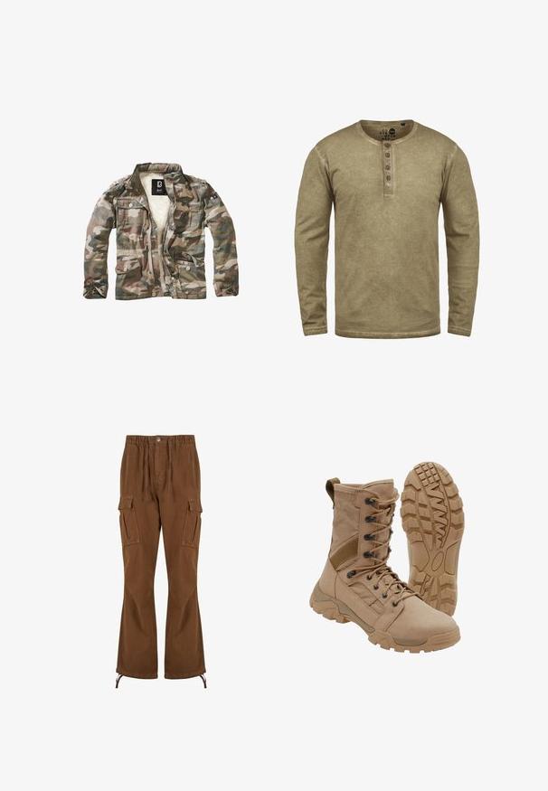 Camouflagejakke med lynlås foran, flere lommer foran og en blød, beige inderfor. Fremstillet af holdbart stof med grønne og brune farver.; Solid SDTIMUR - Langærmet T-shirt - dune; Brune cargobukser med elastik i taljen, snoredetaljer, to sidelommer og bredere ben med justerbare kantbånd.; Brun taktisk støvle med snørelukning i ankellængde og robust gummisål, en støvle står oprejst og den anden viser slidbanemønster.