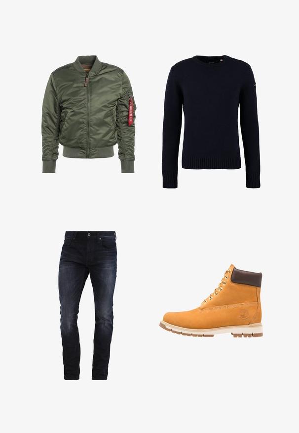 Veste bomber vert olive, rembourrée, avec une fermeture éclair à l'avant et des poignets côtelés. Dispose d'une poche zippée et d'un tag logo rouge sur la manche gauche.; Schott OUTRIDER - Pullover - navy; Jeans slim-fit bleu foncé avec un léger délavage sur les cuisses et les genoux, dotés de poches avant, de passants de ceinture et d'une fermeture à bouton.; Timberland RADFORD 6 IN BOOT WP - Bottines à lacets - wheat