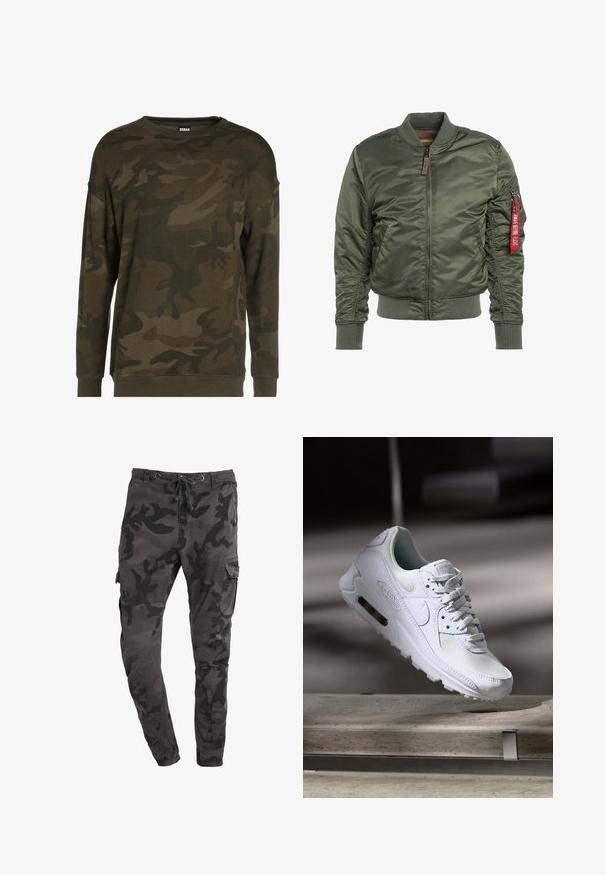 Olive roheline pommertagi, vooderdatud, ees tõmblukuga ja ribakäistega. Omab tõmblukuga taskut ja punast logo silti vasakul varrukal.; Roheline kamuflaažipullover pikkade varrukatega, ümar kaelus ja soonikuga mansetid. Valmistatud pehmest kangast, millel on erinevad rohelised ja pruunid mustrid.; Tumedates hallides kamoflaažipüksid, mis on lõdva lõikega, sisaldavad paelaga vööd, küljetaskut ja siledat puuvilla tekstuuri.; Valged Nike Air Max 90 sneakers, millel on võrkkangast ja nahast ülemine osa, aukudega varbadosa ning nähtav õhuüksus kandades.