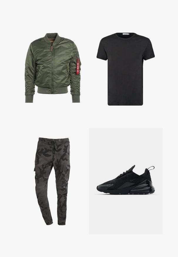Olivegrüner Bomberjacke, gepolstert, mit einem Frontreißverschluss und gerippten Bündchen. Verfügt über eine Reißverschlusstasche und ein rotes Logo-Tag am linken Ärmel.; Schwarzes Baumwoll-T-Shirt mit Rundhalsausschnitt und kurzen Ärmeln. Der Stoff hat eine glatte Textur und keine Muster oder Akzente. Normale Passform.; Camouflage Cargo-Hosen in Dunkelgrau mit einer lockeren Passform, ausgestattet mit einem Kordelzugbund, Seitentaschen und einer glatten Baumwolltextur.; Schwarzer Nike Air Max 270 Sneaker mit strukturiertem Obermaterial, Mesh-Einsätzen und einer glänzenden Ferse mit einer auffälligen Luftpolsterungseinheit.