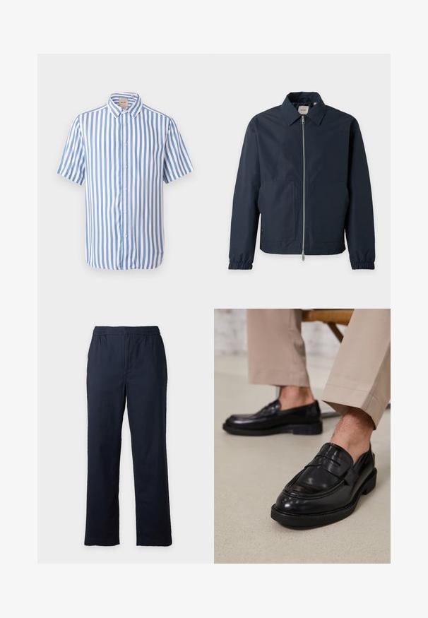 Veste légère bleu marine avec fermeture éclair à l'avant, col pointu, poignets élastiques et deux grandes poches avant.; Chemise à manches courtes boutonnée avec des rayures verticales bleues et blanches et un col pointu, présentée sur un fond clair uni.; Pantalon bleu marine droit avec taille élastique, sans poches ni boutons visibles, présenté sur un fond clair uni.; Mocassins en cuir noir avec une finition lisse, ornés d'une sangle décorative et de coutures contrastées, associés à un pantalon beige.