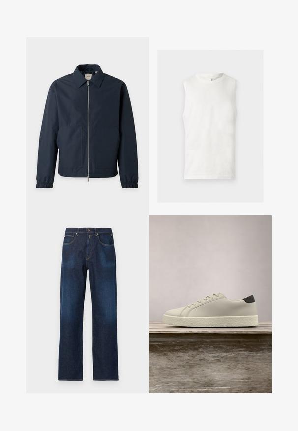 Veste légère bleu marine avec fermeture éclair à l'avant, col pointu, poignets élastiques et deux grandes poches avant.; Débardeur blanc sans manches à col rond avec un petit logo GAP à l'intérieur du col arrière, posé à plat sur un fond clair.; Jean droit en denim bleu foncé avec poches avant, passants de ceinture et fermeture par bouton sur un fond uni.; Baskets blanches avec semelle texturée et détail noir au talon, flottant au-dessus d'un banc en bois avec de hautes herbes vertes en arrière-plan.