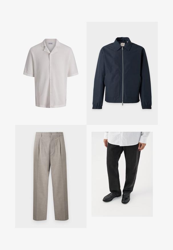 Veste légère bleu marine avec fermeture éclair à l'avant, col pointu, poignets élastiques et deux grandes poches avant.; Chemise blanche en maille à manches courtes avec boutons et col camp, tissu texturé et étiquette "Jack & Jones" à l'intérieur de l'encolure.; Pantalon droit de costume gris clair avec plis, passants pour ceinture, fermeture par bouton et braguette à glissière, présenté sur un fond uni.; Pantalons en denim noir associés à des mocassins noirs brillants. La chemise est blanche avec de fines rayures verticales, avec des manches longues et un col boutonné.