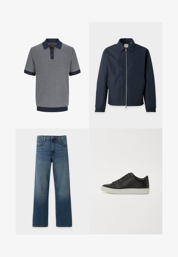 Veste légère bleu marine avec fermeture éclair à l'avant, col pointu, poignets élastiques et deux grandes poches avant.; Polo homme à manches courtes en maille bleu marine et blanche avec motif ondulé, patte de boutonnage à trois boutons, col, manches et ourlet côtelés.; Jean droit en denim bleu avec poches avant, passants de ceinture, fermeture à bouton et délavage subtil au niveau des cuisses et des genoux.; Baskets en cuir noir avec un bout rond, semelle plate en caoutchouc blanc et lacets à six œillets. Texture lisse, style minimaliste.