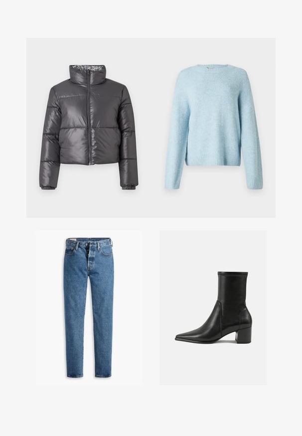 Schwarze Steppjacke mit hohem Kragen, Reißverschluss vorne und gesteppten Abschnitten. Sie hat eine glatte, glänzende Außenfläche und ein gemustertes Innenfutter.; Helles blaues Strickpullover mit rundem Halsausschnitt, langen Ärmeln und gerippten Bündchen. Weiche Struktur und lässige Passform.; Hellblaue Denim-Jeans mit geradem Schnitt, fünf Taschen und klassischem Knopfverschluss. Mit orangefarbenen Nähten und einer leicht verwaschenen Textur.; Schwarze Knöchelstiefel aus glattem Leder, mit spitzem Zehenbereich, einem Blockabsatz und markanten, raised stitching am oberen Rand.