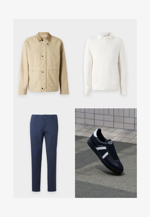 Beige jas met een ribstoffen kraag, drukknoopsluiting, twee voorzakken en een licht getailleerde pasvorm. Gemaakt van gladde stof.; Witte gebreide pullover met een textuurafwerking, kraaghalslijn en drieknopenlijst. Geribbelde zoom en manchetten maken het ontwerp compleet.; Marineblauwe broek van lichtgewicht stof, met een frontale knoopsluiting, twee zijzakken en een recht gesneden ontwerp.; Zwarte leren sneaker met witte strepen, een gestructureerde rubberen zool en vetersluiting aan de voorkant. Voorzien van een merklabel op de tong.
