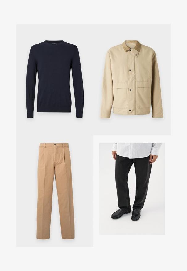 Veste beige avec un col en velours côtelé, des boutons-pression, deux poches à l'avant, et une coupe légèrement ajustée. Fabriquée en tissu lisse.; Pull en maille bleu marine avec col rond, manches longues et poignets côtelés. Texture lisse et conception légère pour le confort.; Pantalons kaki avec une coupe droite, confectionnés en tissu coton ; dotés d'une fermeture à un bouton et de deux plis sur le devant.; Pantalons en denim noir associés à des mocassins noirs brillants. La chemise est blanche avec de fines rayures verticales, avec des manches longues et un col boutonné.