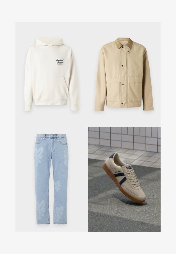Beige jas met een ribstoffen kraag, drukknoopsluiting, twee voorzakken en een licht getailleerde pasvorm. Gemaakt van gladde stof.; Crème-kleurige hoodie gemaakt van zachte stof, met een voorzak, ribgebreide manchetten en een klein geborduurd logo op de borst.; Lichtblauwe denim jeans met bloemenpatronen en een rechte pijp. Standaard tailleband met knoopsluiting en vijf zakken.; Beige sneaker met een textuurafwerking, marineblauwe strepen en een rubberen zool. Heeft een gevoerde tong en een traditioneel vetersysteem voor een veilige pasvorm.