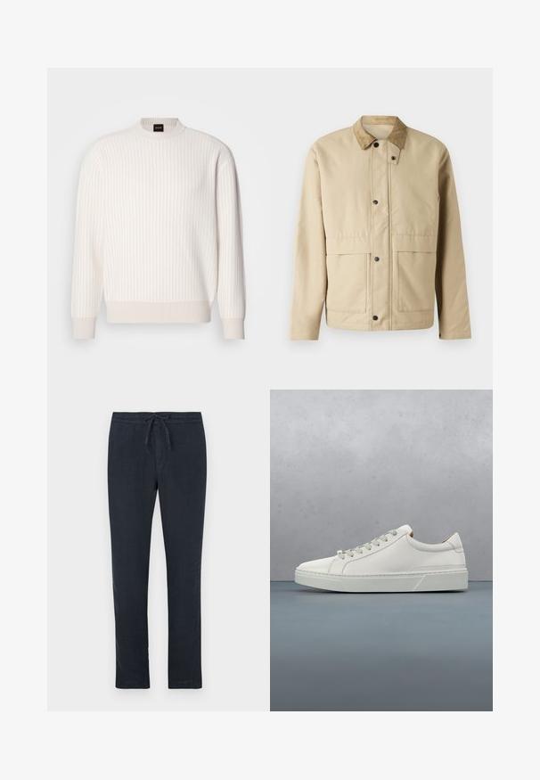 Veste beige avec un col en velours côtelé, des boutons-pression, deux poches à l'avant, et une coupe légèrement ajustée. Fabriquée en tissu lisse.; Pull blanc à côtes, avec un col rond et des manches longues. Il présente un tissu texturé avec une finition douce et de subtils lignes horizontales.; Pantalons en lin bleu marine foncé avec une taille à cordon de serrage, design à jambe droite et texture minimale. Aucune motif visible ni détails en métal.; Baskets en cuir blanc avec un bout arrondi, design minimaliste, lacets gris et semelle en caoutchouc gris texturé. Détails de couture subtils visibles.