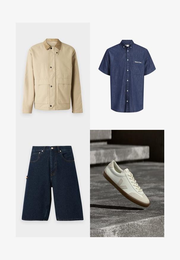 Veste beige avec un col en velours côtelé, des boutons-pression, deux poches à l'avant, et une coupe légèrement ajustée. Fabriquée en tissu lisse.; Chemise en denim bleu foncé à manches courtes, boutonnée, col boutonné et poche poitrine brodée d’un texte blanc.; Shorts en denim foncé avec une coupe ample, design à cinq poches et coutures orange contrastantes. Présente une fermeture classique à bouton et à glissière.; Baskets en cuir blanc avec semelle en caoutchouc beige, lacets plats et accent en forme de V sur le côté. Présentent une surface lisse et peu de détails de couture.