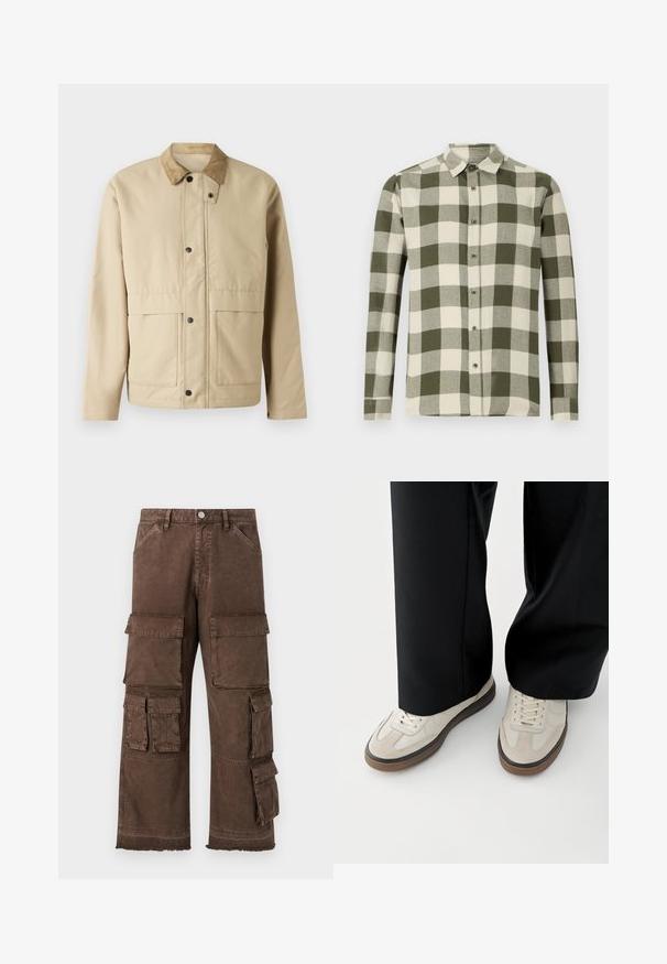 Beige jakke med et kordfløjskrave, trykknapper, to forlommer og en let fitted pasform. Lavet af blødt stof.; Langærmet skjorte i et grønt og cremefarvet ternet mønster, lavet af letvægtsstof, med en knap-ned krave og frontknapper.; Brune cargo bukser med løs pasform, flere sidelommer og frayed kantdesign. Lavet af robust, struktureret stof for holdbarhed.; Fødder iført beige sneakers med brune såler og sorte bukser med vide ben på hvid baggrund.