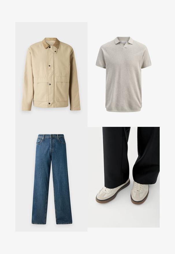 Beige Jacke mit einem Cordkragen, Druckknöpfen, zwei vorderen Taschen und einer leicht taillierten Form. Aus glattem Stoff gefertigt.; Beiges Poloshirt aus strukturierter Baumwolle mit kurzen Ärmeln, Kragen und leichtem V-Ausschnitt, mit dem Etikett Jack & Jones.; Dunkelblaue Jeans aus Denim mit einem lässigen Schnitt, geraden Beinen, fünf Taschen und kontrastierenden Nähten. Verfügt über einen Frontknopf und einen Reißverschluss.; Füße mit beigen Sneakers mit braunen Sohlen und schwarzen Hosen mit weitem Bein auf weißem Hintergrund.