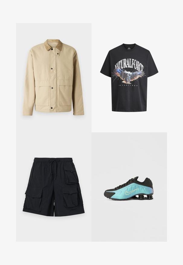 Beige jakke med et kordfløjskrave, trykknapper, to forlommer og en let fitted pasform. Lavet af blødt stof.; Sort bomulds T-shirt med et grafisk print af en ørn med flerfarvede accenter og teksten "NATURALFORCE" og "NEVERSLEEP." Korte ærmer.; Sorte cargo shorts lavet af letvægtsstof, med flere store lommer, elastisk talje med snor og en glat tekstur.; Sort sneaker med et gradientturkis design, der har en gylden logo, tekstureret overflade og karakteristisk polstring ved sålen.