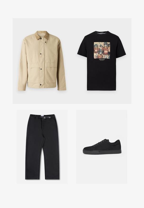 Veste beige avec un col en velours côtelé, des boutons-pression, deux poches à l'avant, et une coupe légèrement ajustée. Fabriquée en tissu lisse.; T-shirt noir avec un graphisme de joueurs de hurling portant des casques intitulés "Peace" et des maillots bordeaux portant l'inscription "Weekend Offender".; Pantalon noir à jambes droites avec taille élastique et fermeture latérale à boucle, présenté sur fond blanc.; Baskets basses noires avec fermeture à lacets à l'avant et semelle en caoutchouc plate, vues de profil sur fond blanc.