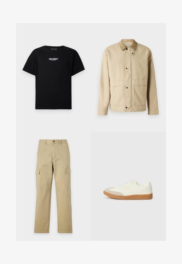 Veste beige avec un col en velours côtelé, des boutons-pression, deux poches à l'avant, et une coupe légèrement ajustée. Fabriquée en tissu lisse.; T-shirt noir en coton avec des manches courtes et un col rond. L'avant possède un texte graphique blanc "UNLEASH!" imprimé au centre.; Pantalons cargo beiges en coton, dotés de deux poches latérales, d'une fermeture à bouton et de jambes droites avec un tissu légèrement texturé.; Baskets en cuir blanc avec une coque beige et une semelle en caoutchouc marron clair. Dotées de lacets blancs plats et d'un logo embossé sur le côté.