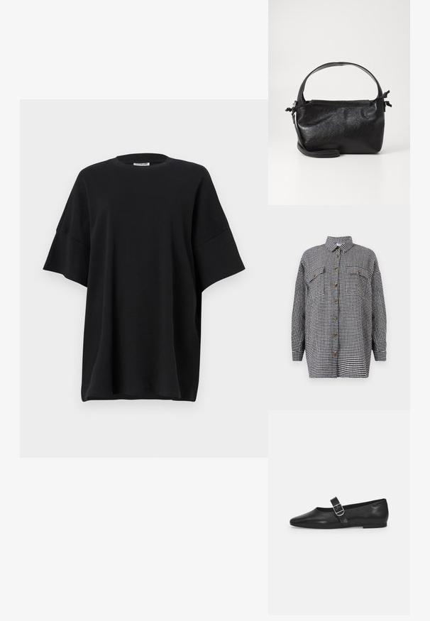 Schwarz-weißer Hahnentrittmuster-Hemd, lange Ärmel, mit Knöpfen, zwei Brusttaschen, fertig mit braunen Knöpfen, aus Baumwollstoff.; Schwarz oversized T-Shirt aus Baumwolle, mit Rundhalsausschnitt und kurzen, weiten Ärmeln, die eine glatte Textur und einen entspannten Schnitt bieten.; Schwarzer Lederflatschuh mit runder Zehenform, einem verstellbaren Schnallenriemen und einer glatten, glänzenden Oberfläche. Minimalistisches Design mit einem niedrigen Absatz.; Schwarze Lederhandtasche mit strukturiertem Design, rundem Haltegriff und abnehmbarem Schulterriemen. Sie weist eine glatte Oberfläche und einen subtilen Glanz auf.