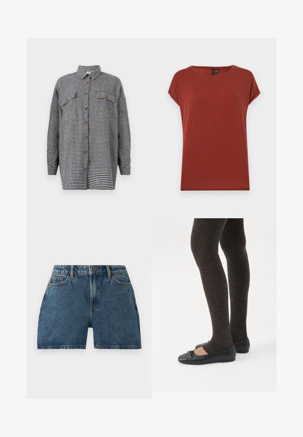 Μαύρο και λευκό πουκάμισο με σχέδιο houndstooth, μακριά μανίκια, με κουμπιά, δύο τσέπες στο στήθος, τελειωμένο με καφέ κουμπιά, βαμβακερό ύφασμα.; Μπλούζα με κοντά μανίκια σε χρώμα σκουριάς με στρογγυλή λαιμόκοψη και διπλωμένα μανίκια, σε απλό λευκό φόντο.; Μπλε τζιν σορτς με κουμπί μπροστά, φερμουάρ, θηλιές για ζώνη και μπροστινές τσέπες σε απλό λευκό φόντο.; Πόδια με σκουρόχρωμα ριμπ κολάν συνδυασμένα με μαύρα μπαλαρίνα παπούτσια με μικρές λεπτομέρειες φιόγκων σε λευκό φόντο.