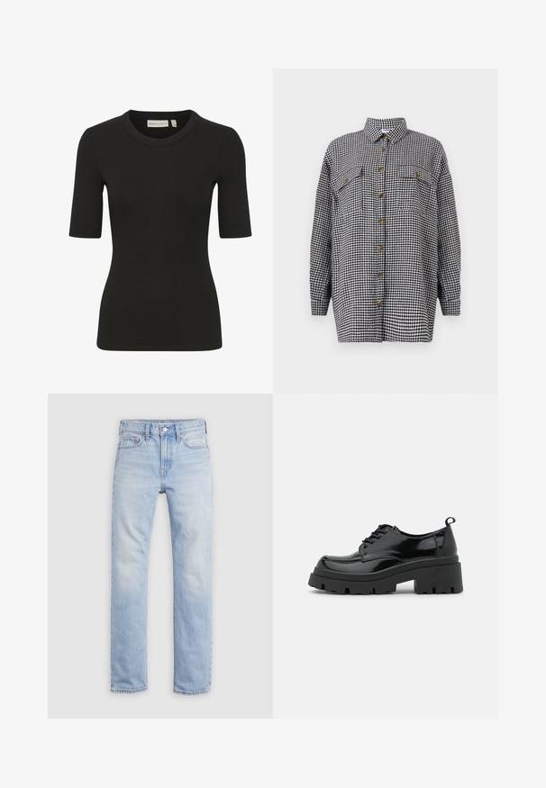 Čierna a biela košeľa s vzorom houndstooth, dlhé rukávy, zapínanie na gombíky, dve náprsné vrecká, s hnedými gombíkmi, bavlnená tkanina.; Čierne rebrované tričko s okrúhlym výstrihom a krátkymi rukávmi. Tkanina má textúrovaný vzhľad, čo zabezpečuje priliehavý strih.; Svetlomodré rifle z denimu so strihom na rovné nohavice, zapínaním na gombík a zips, dizajnom s piatimi vreckami a jemne vyblednutou látkou.; Čierne lakované topánky s hrubou platformou a hrubými šnúrkami. Zaoblená špička, minimálne detaily a malá pätka na zadnej strane.
