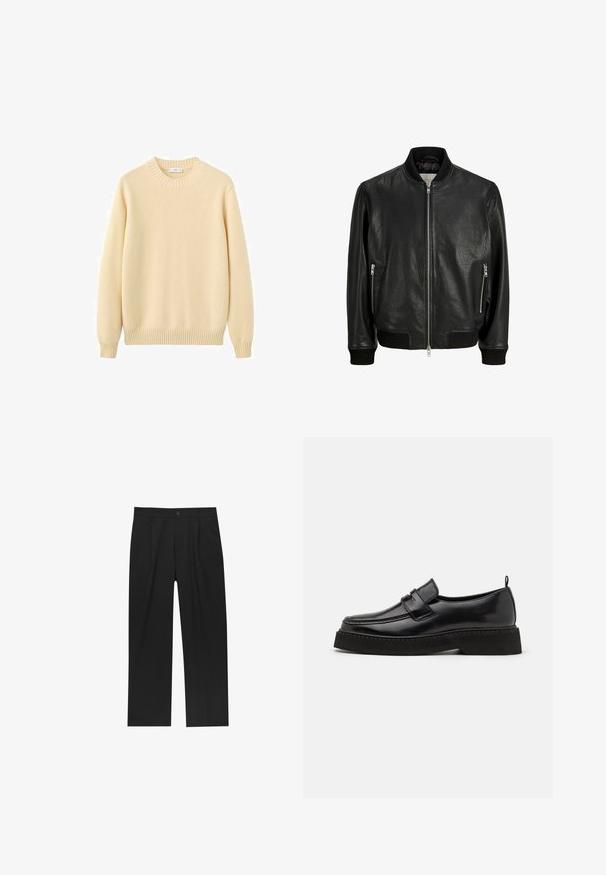 Blouson bomber en cuir noir avec col, poignets et ourlet côtelés, fermeture éclair frontale et deux poches latérales zippées.; Pull crème à col rond en maille douce. Caractéristiques : poignets et ourlet côtelés, texture lisse et design simple et minimaliste.; Pantalons noirs au design droit, fabriqués à partir d'un tissu lisse. Dotés de plis sur le devant et d'une fermeture à un bouton à la taille.; Chaussures en cuir noir de style mocassin avec une semelle plate et texturée, présentant un bout piqué et une sangle traversant le cou-de-pied.