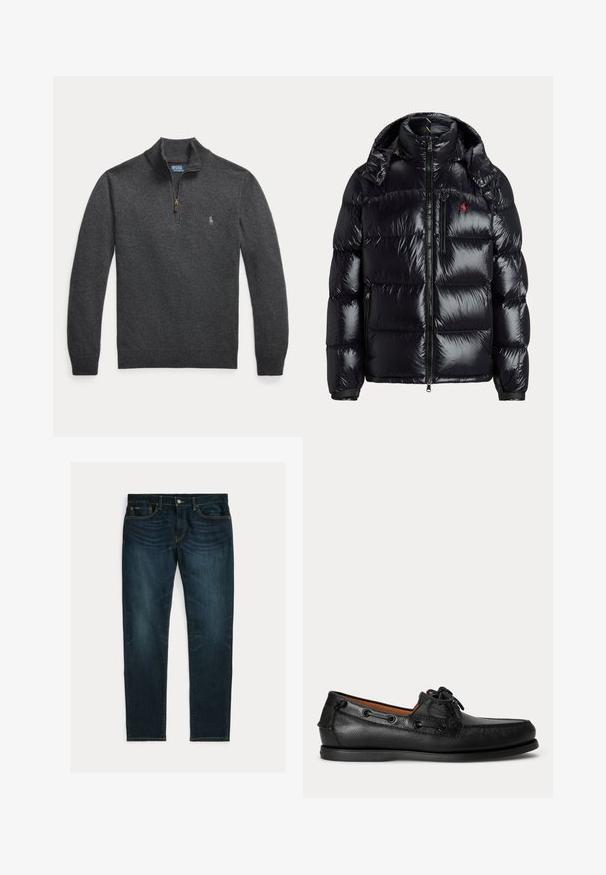 Schwarze glänzende Steppjacke mit hohem Kragen, Vorderreißverschluss, Reißverschlusstaschen, abnehmbarer Kapuze und kleinem roten Logo auf der Brust.; Dunkelgrauer Langarmpullover mit Viertel-Reißverschluss und kleinem gestickten Logo auf der linken Brust.; Dunkelblaue Slim-Fit-Jeans mit leichtem Verblassen und Fünf-Taschen-Design, flach auf weißem Hintergrund liegend.; Schwarzer Ledermokassin mit Schnürdetail und flacher Gummisohle, seitlich auf hellem Hintergrund gezeigt.