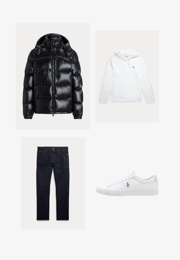 Chaqueta acolchada negra brillante con cuello alto, cremallera frontal, bolsillos con cremallera, capucha desmontable y pequeño logo rojo en el pecho.; Sudadera con capucha blanca de manga larga con cordones y un pequeño logo de jugador de polo azul marino en el pecho izquierdo.; Jeans de mezclilla oscura con corte recto, cinco bolsillos, costuras naranjas y cierre de botones. La tela tiene una textura suave.; Zapatilla de lona blanca con diseño de corte bajo, que cuenta con un taco trasero beige y un pequeño logo bordado en el costado. Suela de goma.