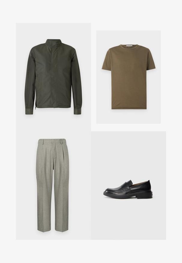 Veste vert foncé à manches longues avec col montant, fermeture éclair avant cachée et poches latérales sur fond gris clair.; T-shirt vert olive à manches courtes avec col rond, ourlet droit et petite étiquette à l'intérieur du col au dos.; Pantalons gris clair en tissu texturé. Ils présentent une coupe droite, des plis à l'avant et une taille plate.; Chaussure habillée noire en cuir, à enfiler, avec un petit talon et un logo Calvin Klein discret sur le côté, présentée de profil sur un fond blanc.