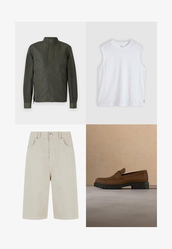 Veste vert foncé à manches longues avec col montant, fermeture éclair avant cachée et poches latérales sur fond gris clair.; T-shirt blanc sans manches à col rond avec une petite étiquette logo Levi's sur la couture latérale, présenté sur un fond clair uni.; Shorts en denim beige avec une coupe droite, une fermeture à bouton à l'avant et quatre poches. Le tissu a une texture lisse et un minimum de détails de couture.; Mocassin en cuir marron foncé avec semelle épaisse en caoutchouc noir présenté au-dessus d’un tapis beige et d’un canapé en arrière-plan.