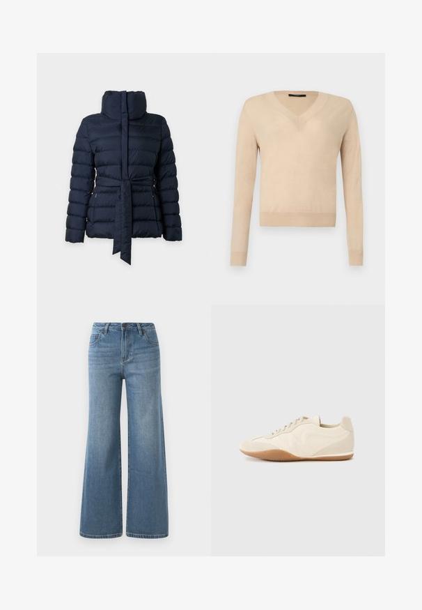 Marineblå quiltet dunjakke med høj krave, lange ærmer og matchende stofbælte bundet i taljen.; Beige langærmet V-hals sweater med ribbede ærmekanter og kant, ensfarvet strikstof, vist på hvid baggrund.; Lysblå brede denim jeans med høj talje, knap- og lynlåslukning samt forlommer.; Lyse beige sneakers med en tekstureret læderoverdel, teksturerede sider og en gummisål. Har et slankt, strømlinet design og flade snørebånd.