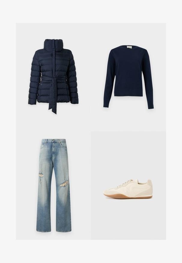 Veste matelassée bleu marine avec col montant, manches longues et ceinture assortie en tissu nouée à la taille.; Pull à manches longues bleu marine à col rond avec poignets et ourlet côtelés, présenté sur un fond clair uni.; Jeans en denim bleu clair à jambes larges avec des déchirures sur le devant, fermeture à bouton et design classique à cinq poches. Texture douce.; Baskets beige clair avec une tige en cuir texturé, des panneaux latéraux texturés et une semelle en caoutchouc. Dotées d'un design fin et épuré ainsi que de lacets plats.
