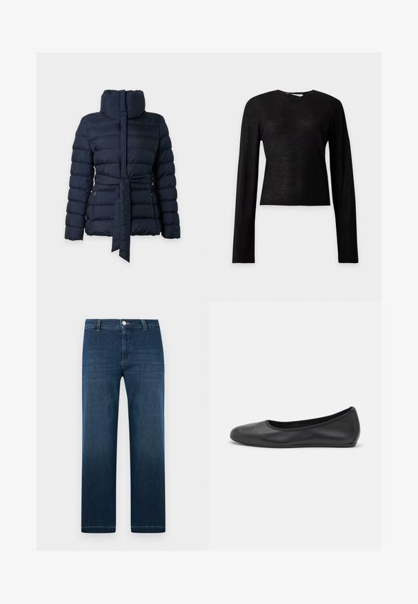 Marineblaue gesteppte Daunenjacke mit hohem Kragen, langen Ärmeln und einem passenden Stoffgürtel, der in der Taille gebunden ist.; Schwarzer leichter Pullover mit langen Ärmeln, rundem Ausschnitt und geradem Saum auf einfarbig hellgrauem Hintergrund.; Dunkelblaue Straight-Leg-Denim-Jeans mit vorderer Knopf- und Reißverschluss, Gürtelschlaufen und dezentem Verblassen an den Oberschenkeln.; Schwarze Leder-Ballettschuhe mit abgerundeter Spitze, glatter Textur, minimalen Nähdetails und einem flexiblen Sohlen-Design.