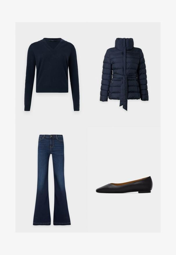 Veste matelassée bleu marine avec col montant, manches longues et ceinture assortie en tissu nouée à la taille.; Pull bleu marine à col en V avec manches longues, poignets et ourlet côtelés, présenté sur un fond gris clair.; Jean en denim bleu foncé avec taille haute, fermeture par bouton et fermeture éclair, poches avant et arrière, et jambes évasées.; Chaussure plate en cuir noir à bout pointu avec talon bas et finition lisse, vue de côté sur un fond gris clair.