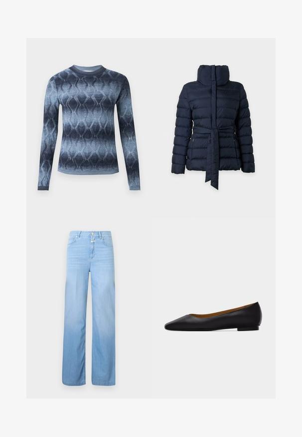 Veste matelassée bleu marine avec col montant, manches longues et ceinture assortie en tissu nouée à la taille.; Pull en maille à manches longues avec un dégradé bleu et un motif géométrique en losange, avec un col rond et des poignets ajustés.; Jean en denim bleu clair à coupe droite, style 5 poches, fermeture par bouton et texture délavée vers le bas.; Chaussure plate en cuir noir à bout pointu avec talon bas et finition lisse, vue de côté sur un fond gris clair.