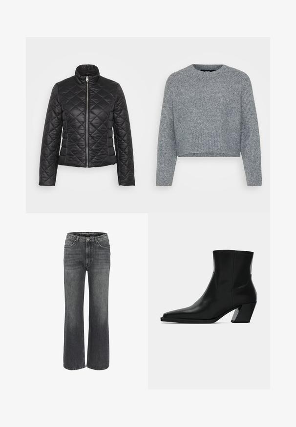 Schwarze gesteppte Jacke mit Stehkragen, Reißverschluss und langen Ärmeln. Verfügt über eine glänzende Oberfläche und ein rautenförmiges Steppmuster.; Grauer, verkürzter Pullover aus strukturiertem Strick, mit rundem Halsausschnitt und langen Ärmeln. Das Material wirkt weich und warm.; Weite Jeans aus dunkelgrauem Denim mit klassischem Fünf-Taschen-Design, genähten Details und einem Knopfverschluss an der Taille.; Schwarze Leder-Stiefelette mit spitzem Zeh, schlanker Silhouette und klobigem quadratischem Absatz. Glatte Textur mit minimalen Nähdetails.