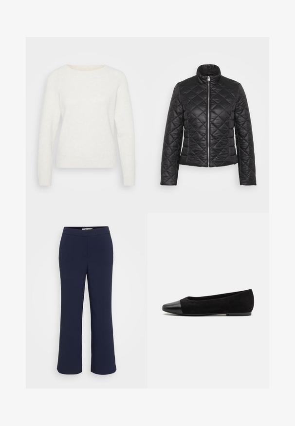 Chaqueta negra acolchada con cuello alzado, cierre de cremallera y mangas largas. Presenta un acabado brillante y un patrón de costura en forma de diamante.; Suéter blanco de punto con mangas largas, escote redondo y bajo acanalado. Textura suave con una apariencia ligeramente difusa. Sin patrones visibles.; Pantalones de campana azul marino con un acabado de tela suave, que presentan una cinturilla plana y sin costuras ni adornos visibles.; Bailarina de ante negra con puntera negra brillante, textura suave, forma redondeada y diseño de perfil bajo.