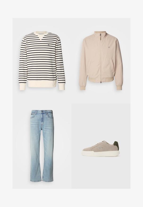 GANT HAMPSHIRE JACKET - Veste légère - concrete beige; Sweatshirt à manches longues avec un design en V. Présente des rayures alternées bleu marine et crème, ainsi qu'un petit logo brodé sur la poitrine. Matière en mélange de coton.; Jeans en denim bleu clair avec une coupe droite, dotés de cinq poches, d'une fermeture à bouton et d'une légère décoloration sur le tissu.; Baskets en suède beige avec une semelle en caoutchouc blanche, présentant un accent de talon vert foncé et une branding subtile sur le côté.