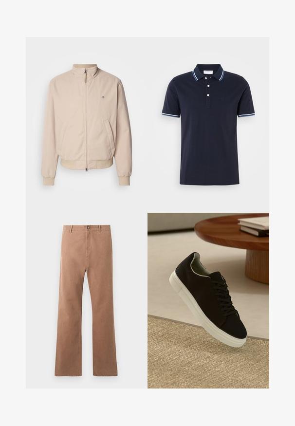 GANT HAMPSHIRE JACKET - Lichte jas - concrete beige; Marineblauwe polo gemaakt van katoen, met een drieknoopssluiting, witte en lichtblauwe gestreepte kraag en mouwaccenten.; Bruine, rechte broek van katoen. Voorzien van een knoopsluiting, voorkruiken en zichtbare stiksels langs de naden.; Zwarte sneaker met witte zool die boven een beige gestructureerd tapijt zweeft, nabij een ronde houten tafel met gestapelde boeken.