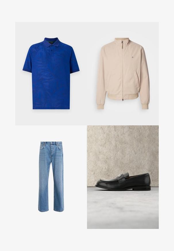 GANT HAMPSHIRE JACKET - Veste légère - concrete beige; Polo à manches courtes de couleur bleu vif avec un motif texturé de feuilles de palmier, doté d'un col et d'une patte de boutonnage à trois boutons. Tissu lisse.; Jeans en denim bleu clair avec une coupe droite, cinq poches, fermeture à bouton, peu d'usure et des détails de couture contrastés.; Mocassin en cuir noir avec une plaque de marque en métal reposant près d'une table ronde marron sur un sol recouvert de moquette beige.