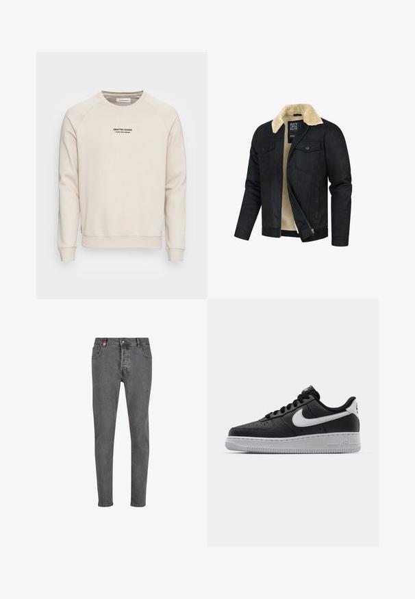 Sort faux suede jakke med en beige pelskrave, lynlås længst foran og to brystlommer; glat tekstur og afslappet design.; Cremefarvet sweatshirt med raglanærmer, ribbede manchetter og kant. Har et sort tekstlogo på fronten. Blødt, tekstureret stof.; Grå denim jeans med slank pasform, der har et klassisk fem-lomme design, metal knaplukning og subtil fading på stoffet.; Sort lædersneaker med tekstureret overflade, hvid Nike swoosh, grå sål, rund tå og snørebåndsdesign. Har perforeringer på tåboksen.