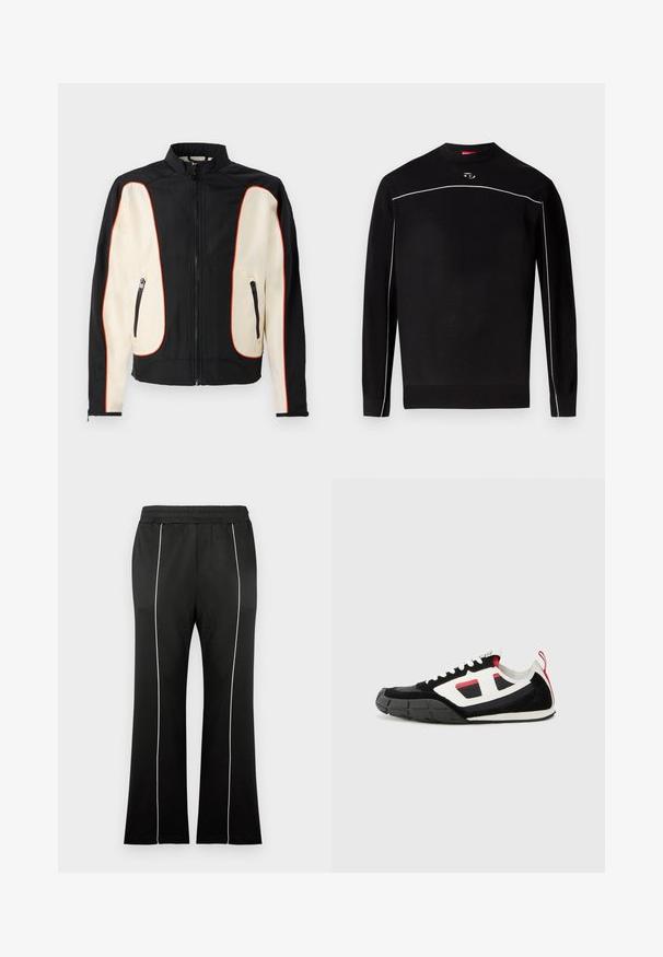 Veste noire et crème avec un col montant. Présente des passepoils rouges, deux poches zippées et un tissu lisse légèrement texturé.; Pull-over en maille noire à manches longues avec liseré blanc sur la poitrine et les manches, poignets et ourlet côtelés, et petit logo ovale sous le col.; Pantalon de sport noir avec une taille cintrée, doté de bandes blanches sur les côtés et d'une coupe évasée aux jambes. Fabriqué en tissu doux et extensible.; Diesel S PAGODHA LOW - Baskets basses - black