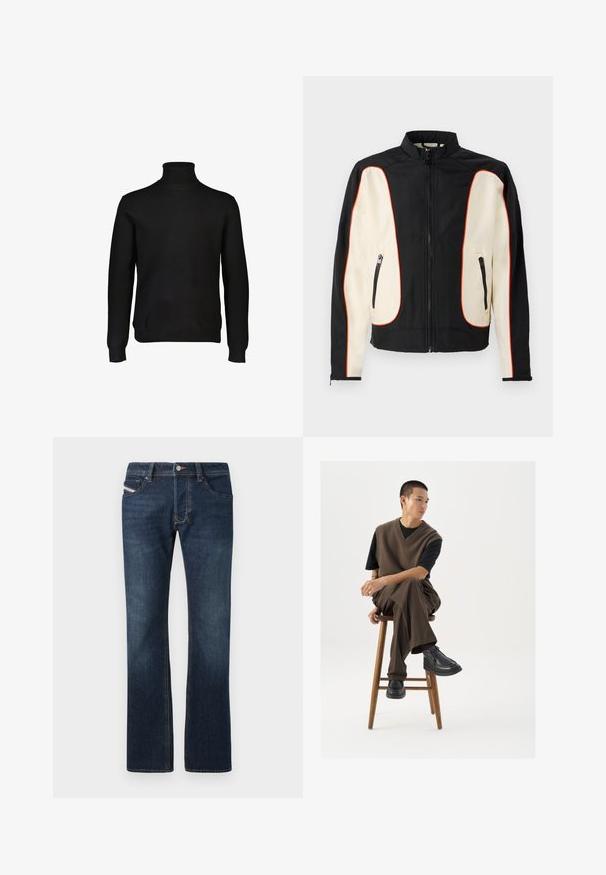 Sort og kremfarvet jakke med ståkrave. Har røde piping-detaljer, to lynlåslommer og et glat, let struktureret stof.; Sort turtleneck sweater lavet af blødt strikstof. Har lange ærmer og ribbet detaljering ved halsudskæringen og kanten. Klassisk silhuet.; Mørkeblå denim jeans med lige ben, fem lommer og diskrete syningsdetaljer. Har metalknap og lynlås. ; Brun strikket vest over en sort t-shirt, parret med brune vidde bukser og sorte chunky sko, siddende på en træstub.