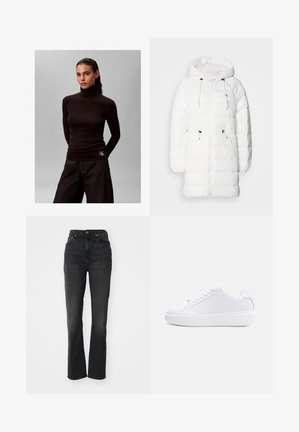 Calvin Klein Jeans Manteau d'hiver - snow white; Femme aux cheveux foncés portant un pull à col roulé côtelé noir et un pantalon large et foncé sur un fond gris uni.; Jeans en denim noir taille haute avec jambes droites, design à cinq poches, fermeture à bouton à l'avant et détails de couture minimaux.; Baskets basses blanches à lacets, semelle épaisse et dessus lisse, vues de côté extérieur sur un fond clair uni.