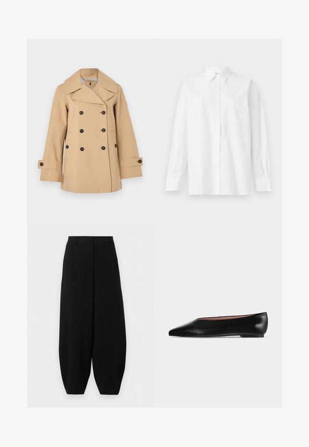 Trench-coat beige à double boutonnage avec larges revers, boutons noirs, poches latérales et brides boutonnées aux manches.; Chemise blanche à manches longues en coton, avec un col classique, un fermeture à boutons et une poche poitrine simple du côté gauche.; Pantalon noir à jambes larges et courtes, taille haute, sans poches visibles ni ornements.; Chaussure plate en cuir noir pour femme, avec bout pointu et petit talon, vue de côté sur un fond gris clair uni.